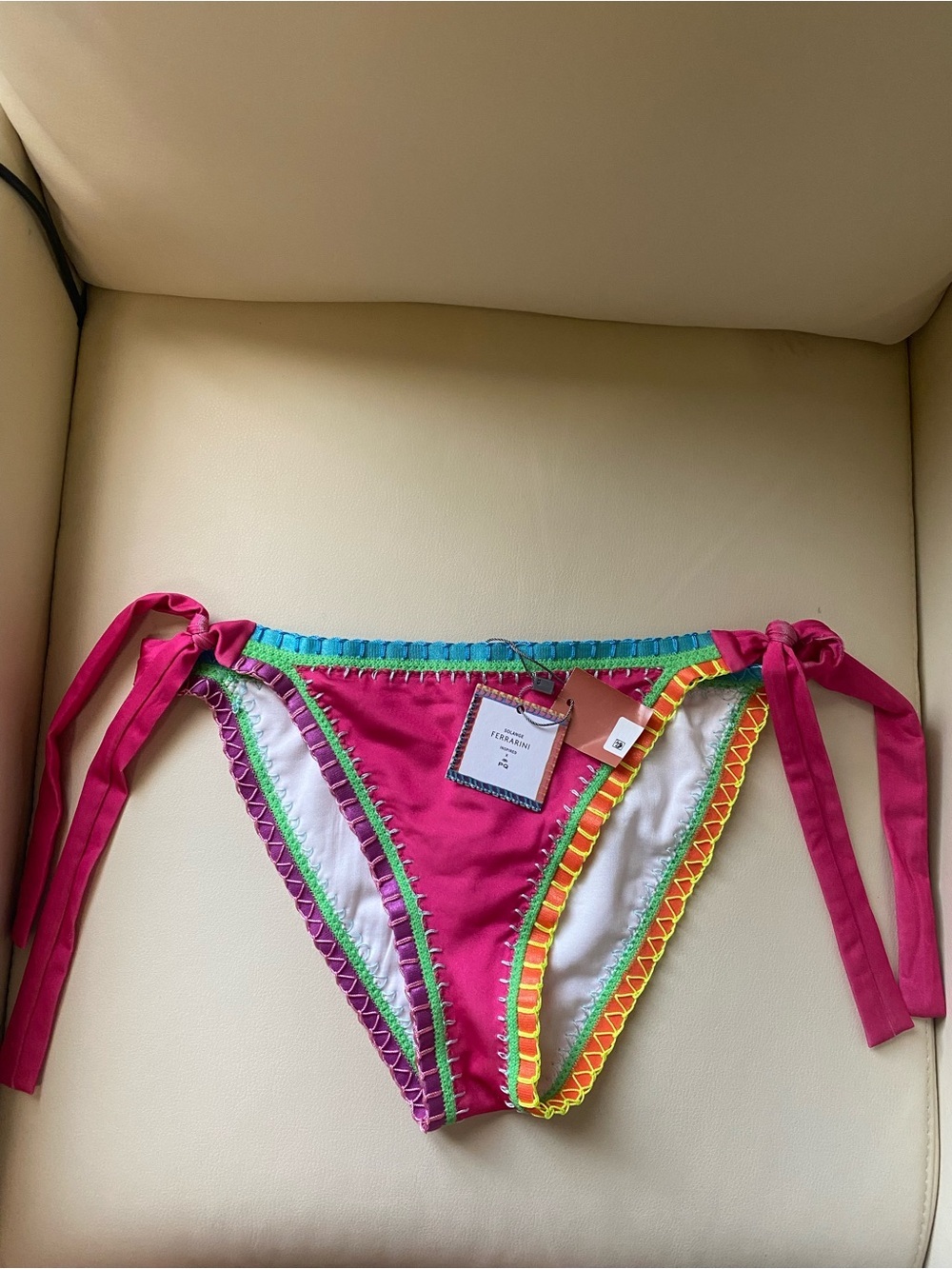 NWT Ferrarini by PQ Swim Acai Crochet Pink Bikini Bottom with Multicolor Trim